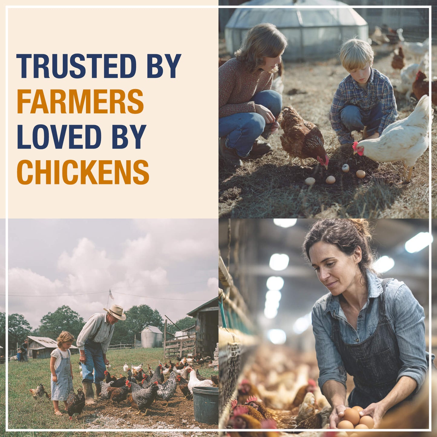Photographic collage of farm scenes featuring a woman and child observing eggs with chickens near a greenhouse, an older man and girl with a large outdoor flock near a silo and shed, and a woman collecting brown eggs in a busy hen house, all surrounding the text TRUSTED BY FARMERS LOVED BY CHICKENS