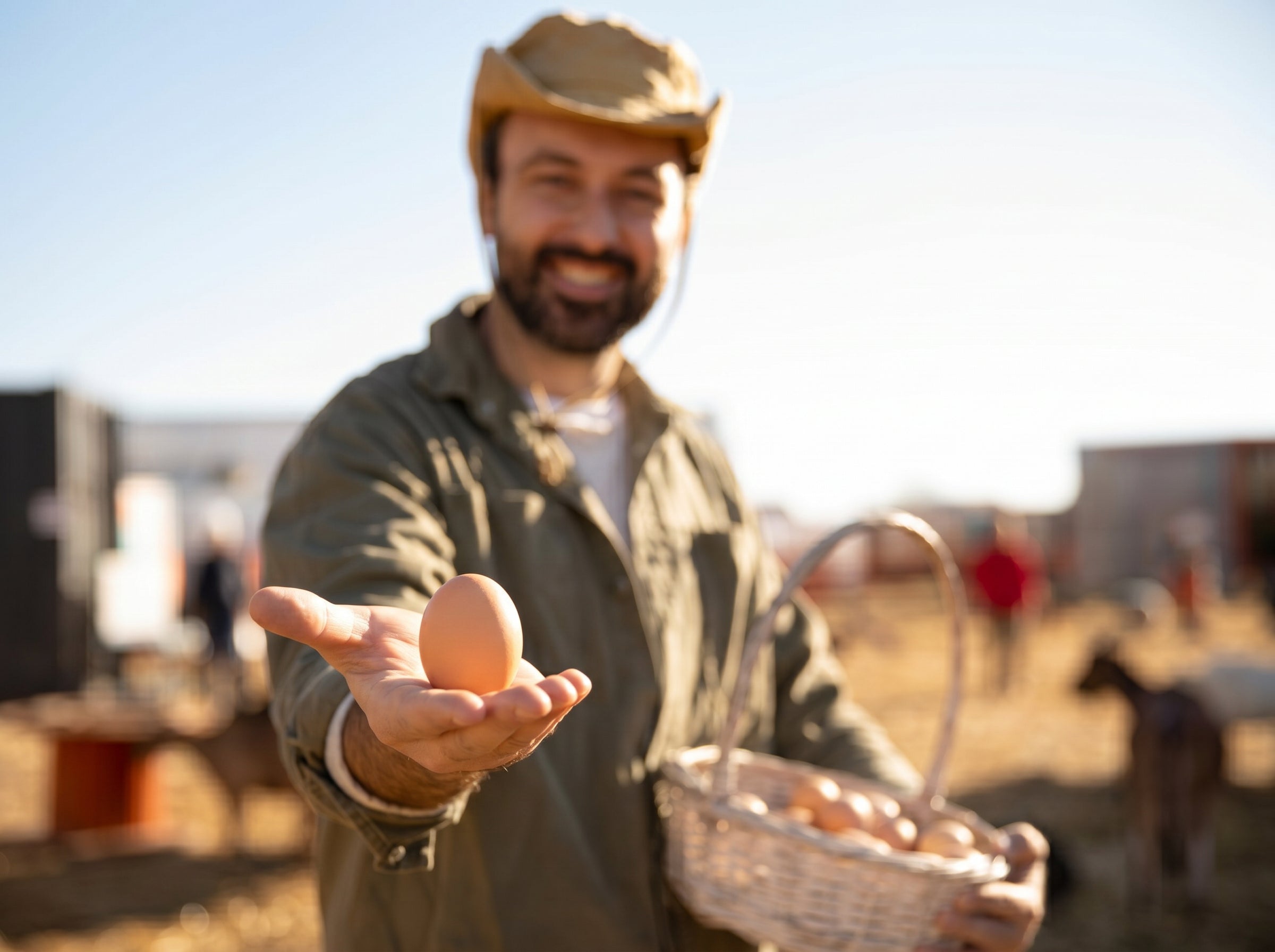  farmer holding a freshly collected brown egg in his outstretched hand while carrying a wicker basket 